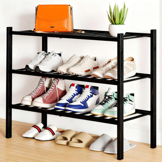 3-Tier Bamboo Shoe Rack, Stackable & Freestanding in Natural Finish