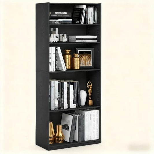 5-Tier Adjustable Black Bookcase for Home & Office Storage