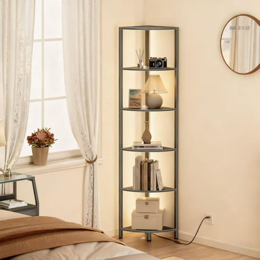 5-Tier Corner Shelf with LED Lighting & USB Port for Space-Saving Storage